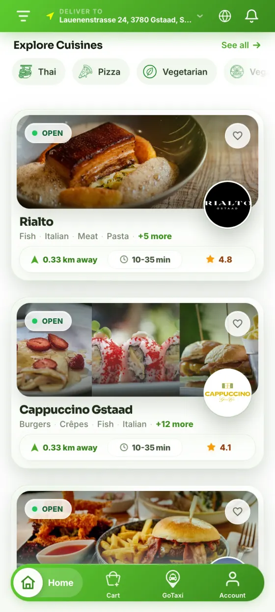 GoGstaad customer app: restaurants near a Gstaad address, each with distance, delivery time and rating