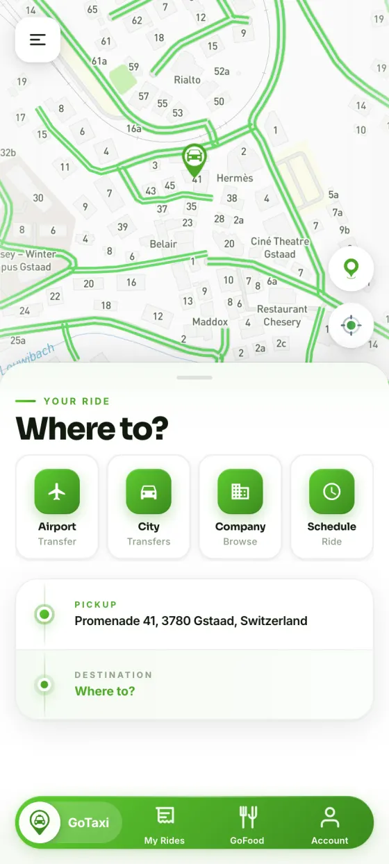 GoGstaad taxi booking: a map of Gstaad with pickup and destination, and airport transfer, city transfer, company and scheduled ride options